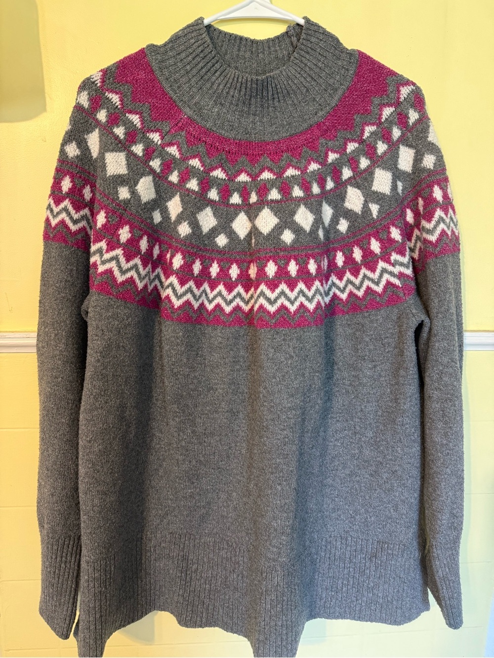 Tahari Gray Sweater with Pink and Grey Fair Isle Yoke